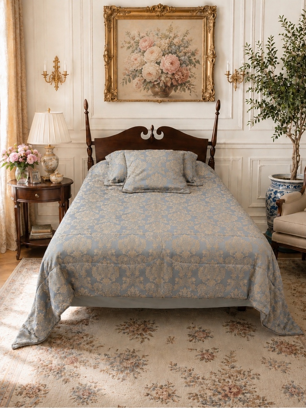 Luxury Vintage Blue Gold Beige Damask Comforter Set Grandmillennial